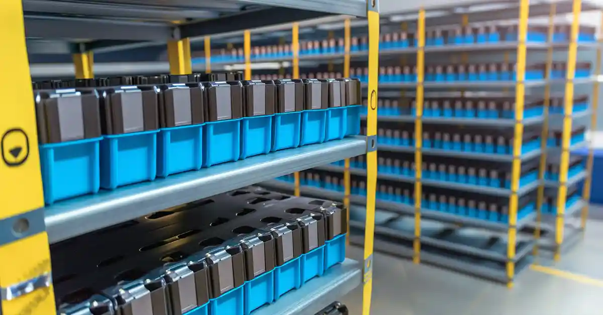 Racks of modular battery storage units in blue and black cases lined up on yellow-framed industrial shelving in a storage facility.
