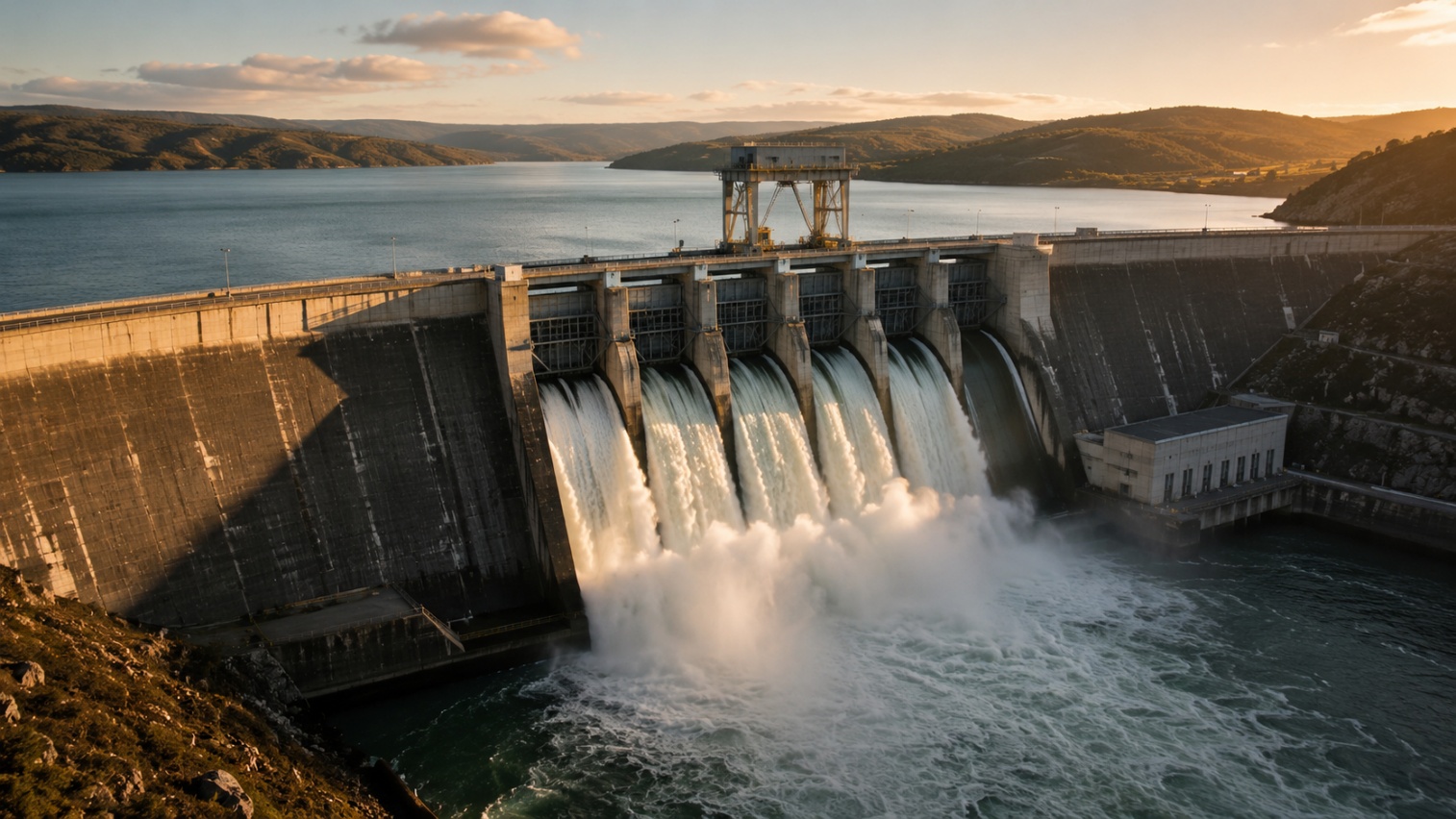 A large concrete hydroelectric dam releasing water through several spillways at sunset, with a full reservoir behind it.