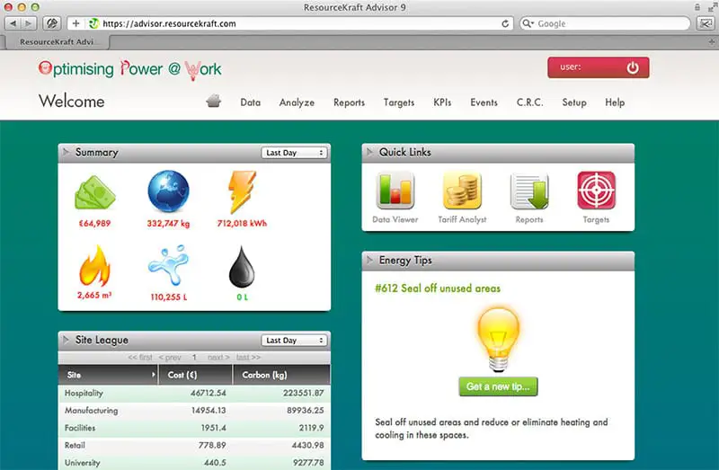 The Advisor Optimising Power @ Work dashboard: summary tiles for cost, carbon and energy use, a site league table ranking facilities by cost and carbon, and quick links to data, tariff and reporting tools.