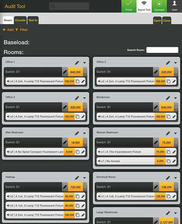 The Audit Tool iPad app: a touch interface listing rooms (Office 1–3, Breakroom, restrooms, hallway, electrical room, warehouse) with per-circuit switch and fixture loads in watts, add/filter controls, and Connect/Signal Tool actions.