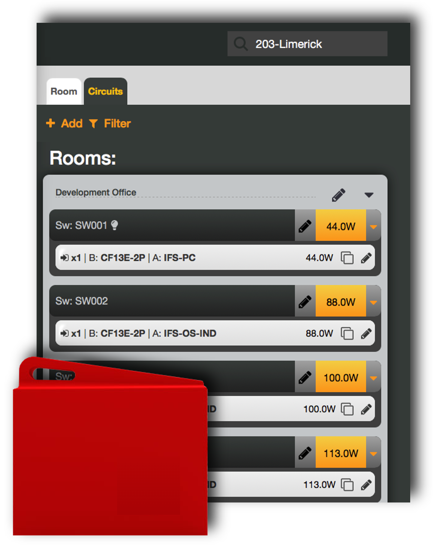 The Lighting Logger field-tool app showing a site's rooms and lighting circuits — each switch and fixture logged with its measured wattage (44W, 88W, 100W, 113W) for room-by-room energy accounting.