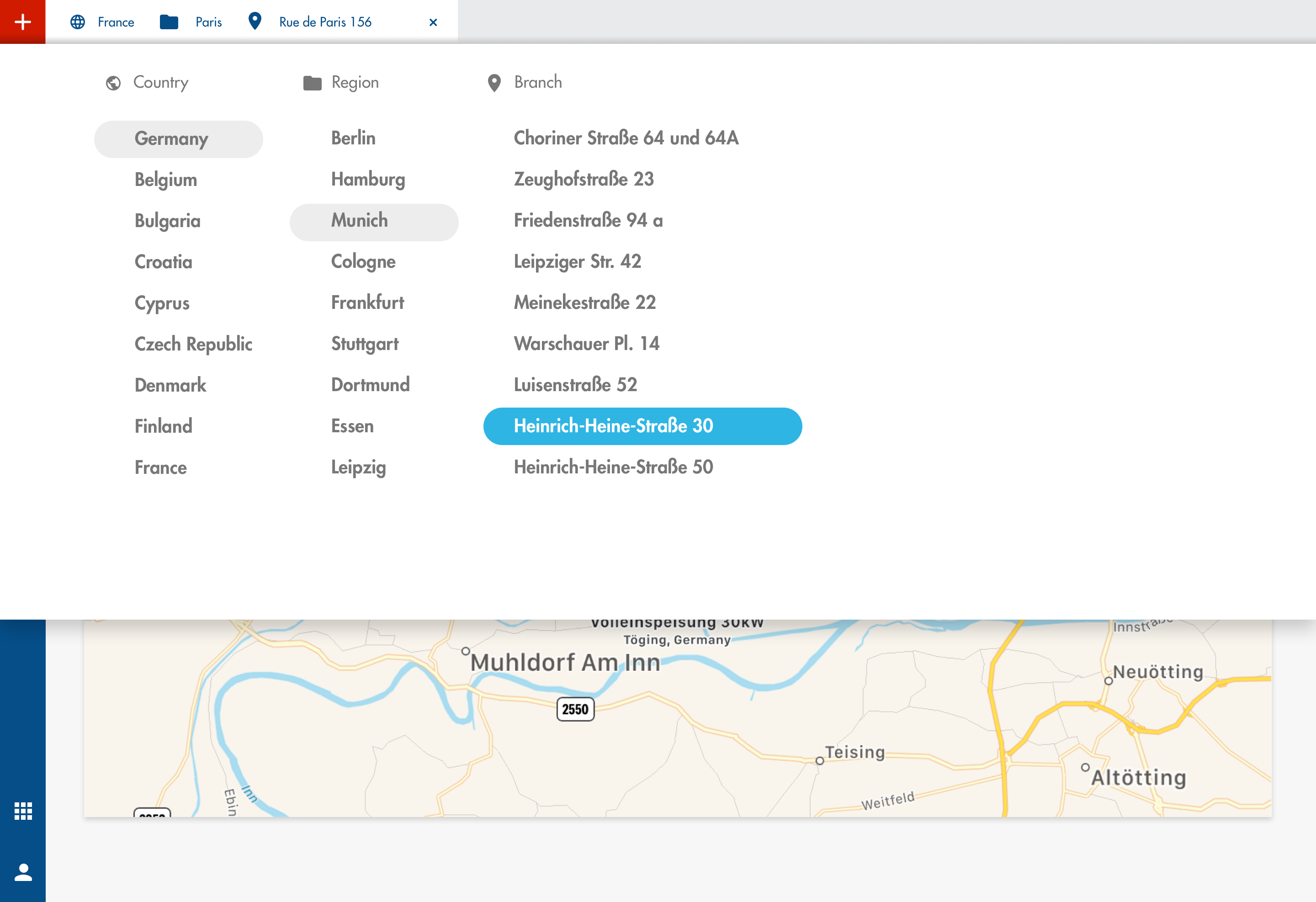 The platform's estate navigation: three linked columns — Country (Germany selected), Region (Munich selected) and Branch (a specific street address selected) — sitting above a map of the chosen location.